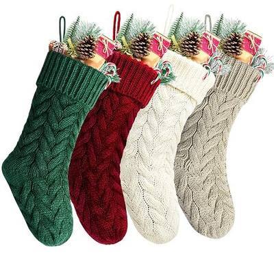 Christmas Stockings, 18 Inch Burgundy, Ivory, Green and Khaki Cable Knitted Stocking for Xmas Holiday Decoration, 4 Pack