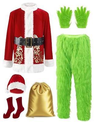 Christmas Costume for Men Adult Green Giant Monster 8PCS Deluxe Santa Suit Furry Xmas Cosplay Outfit Halloween