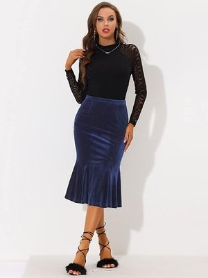 Allegra K Women's Feminine Chic Retro Bodycon Elastic Waist Velvet Fishtail Mermaid Skirt