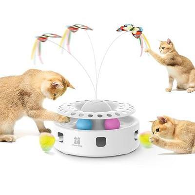 Potaroma Cat Toys 3in1 Automatic Interactive Kitten Toy, Fluttering Butterfly, Moving Feather, Track Balls, Dual Power Supplies, USB Powered, Indoor Exercise Kicker (Bright White) | Fluttering Butterfly, Moving Feather, Balls, Dual Power Supplies, USB Powered, Indoor Kitty Exercise Kicker (Bright Wh