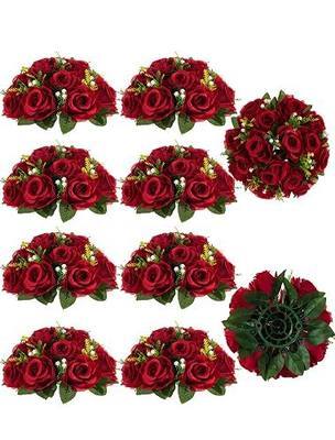 BLOSMON Flower Centerpieces for Tables Wedding: 10 Pcs Crimson Red Artificial Rose Flowers Balls Decoration - 9.5 Inch Fake Silk Kissing Floral Arrangement for Home Party Event DIY Decor