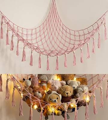 Stuffed Animal Storage Hammock Corner with LED Light - Toy Hanging Organizer Plushie Net - Pink Room Decor for Teen Girls - Cute Bedroom Aesthetic Nursery Kids Baby Toddler