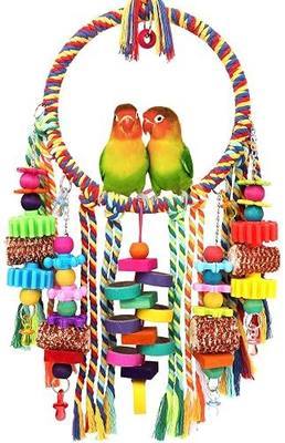 Bird Toys Bird Rope Ring Swing Perch with Corn Cob Cardboard Bagels Wooden Blocks Chewing Toys for Parakeets,Cockatiels,Conure,Lovebirds,Finches and Other Small-Sized Birds