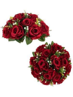 BLOSMON Rose Flower Balls for Table Centerpieces, 2 Pcs, Crimson, Reusable | 9.5 Inch, Easy to Use, Red Fake Kissing Bouquet with Base, Faux Silk Floral Arrangement, for Home, Party, Table Decorations