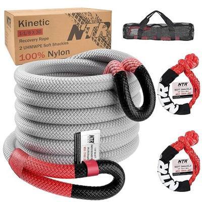 NTR 1-1/8" x 30' Kinetic Recovery Tow Rope (37,480lbs), with 2 UHMWPE Soft Shackles (40,980lbs), Heavy-Duty Offroad Snatch Strap, Vehicle Recovery kit for Jeep car Truck ATV UTV SUV, Grey