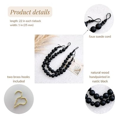 DECOAZUL Black Curtain Tiebacks, Boho Curtain Tiebacks & Farmhouse Curtain Holdbacks, Black Curtain Holdbacks with Wooden Beads, Set of 2
