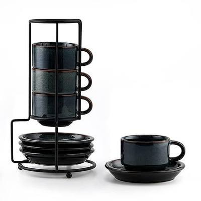 JIEMEI HOME Porcelain Stackable Espresso Cups with Saucers and Metal Stand, 4 Ounce Demitasse Cups for Specialty Coffee Drinks, Latte, Tea Set of 4, Stackable Espresso Mugs, Kiln Tide Glaze