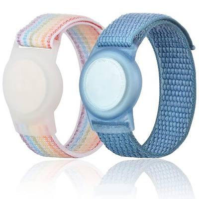 Kids Wristband Compatible with Apple AirTag, Protective Case for Air Tag GPS Tracker Holder with Nylon Bracelet, Adjustable Anti Lost Watch Band for Toddler Child Elder(Rainbow A & Blue)