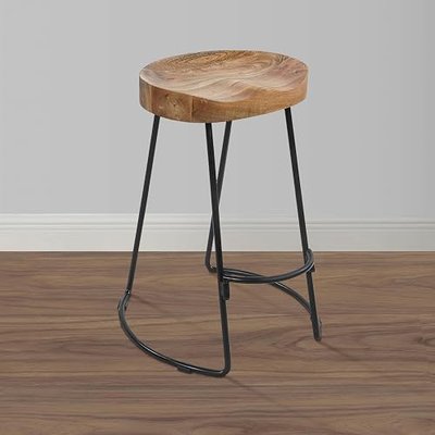 The Urban Port Ela 24-Inch Mango Wood Industrial Counter Height Stool | Saddle Seat, Iron, Set of 2, Natural Brown and Black