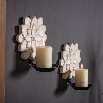 SOFE Farmhouse Candle Sconces Set of Two, Handmade Distressed Finish | Carved Flower Pattern Wall Candle Holders Decorative, Rustic Candle Holder Wall Decor for Living Room, Hallway,Vintage Accent