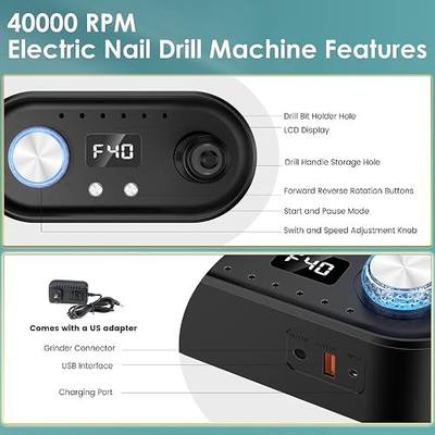 Electric Nail Drill Machine, 40000RPM Professional E file Nail Drill Kit, Electric Nail File for Acrylic Nails Gel Nails, Toenail Grinder Manicure Pedicure Polishing Shape for Home Salon Use by JOEOEN