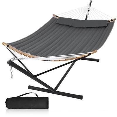 55in Hammock with Stand, Heavy Duty Hammock with Stand Included, Two Person Hammock with Curved Spreader Bar, Pillow and Portable Bag, 450 Lbs Capacity, Dark Gray