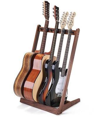 Multi Guitar Stand, Walnut Wood Guitar Rack for 3 Acoustic/5 Electric/Bass | for 3 Acoustic/5 Electric/Bass, Soft Felt Pad, Neck Holder, Floor Instrument Holder, Space Saving, for Home Studio Display