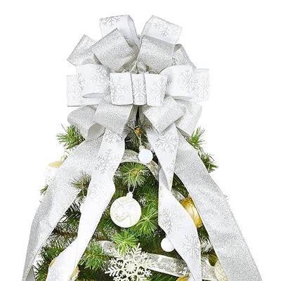 Christmas Tree Topper, 40x13 Inches Toppers Bow with Glitter Satin Mesh Streamer and Patterned Ribbon, Christmas Tree Topper Bow for Christmas Home Decoration (White)