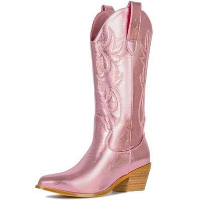 Women's Cowgirl Embroidered Western Cowboy Boots, Mid Calf Booties Pointed Toe Chunky Heel Pull On Fashion Design for Ladies, Party and Outdoor