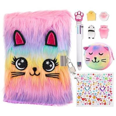 HOMICOZY Cat Diary with Lock and Keys for Girls,Plush Secret Journal for Kids with 160 Lined Pages,Hardcover Fluffy Locking Notebook for Writing and Drawing,Cute Fuzzy Stationary Gifts for Girls Ages