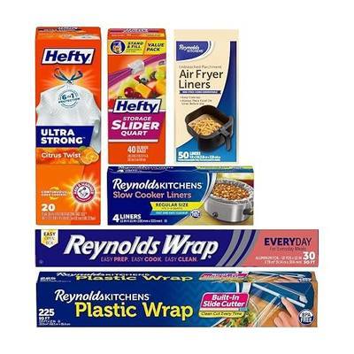 Reynolds Kitchen Bundle, Slow Cooker Liners, Regular, Kitchen Air Fryer Liners,Ultra Strong Tall Kitchen Trash Bags, Citrus Twist, Aluminum Foil, Storage Slider Bags Quart, Plastic Wrap,1 CT each.