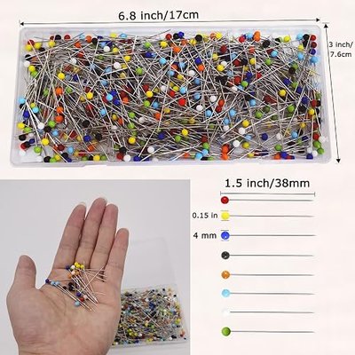 600PCS Sewing Pins (Upgraded), 1.5 inch Straight Pins with 4MM Colored Ball Glass Head, Quilting Pins for Fabric, Jewelry DIY, Craft and Sewing Project(Colorful)