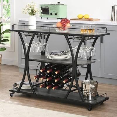 mikibama Industrial Bar Cart Farmhouse Mobile Metal Wooden Home Mini Bar Cart Small Rustic Rolling Serving Bar Carts with Wine Rack & 3 Tier Storage Shelves for Kitchen (Black Grey)