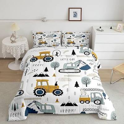 Feelyou Cartoon Car Kids Comforter Set Construction Bedding Set for Boys Toddler Decor Equipment Trucks Comforter Cartoon Car Excavator Tractor White Yellow Duvet Set Bedroom Quilt Set 3Pcs Full