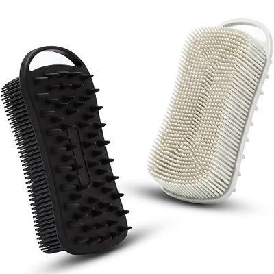 MtBoi 2 PC Silicone Body Scrubber, 2 in 1 Exfoliating Shower Bath Scrubber, Soft Silicone Loofah for Sensitive Skin, Shower Hair Scalp Massager, Easy to Clean, Lather Well (Grey&Black)