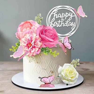 14 PCS Flower Cake Toppers Butterfly Cake Decorations Happy Birthday Cake Toppers with Artificial Pink Rose Flowers Eucalyptus Butterflies for Birthday Wedding Supplies (Pink)