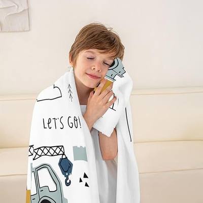 Feelyou Kids Construction Fleece Throw Blanket Equipment Trucks Plush Blanket Excavator Tractor White Yellow Fuzzy Blanket Twin 60"x80"