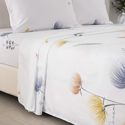 Floral Sheet Set King Size Yellow Botanical Pattern Printed on White Bed Sheets Super Soft Microfiber Fitted Sheet 3 Piece for All Season - 1 Fitted Sheet,2 Pillowcases