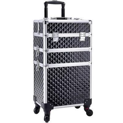 3 in 1 Professional Rolling Makeup Train Case Aluminum Trolley Case with 360° Rotation Wheels for Makuep Artist Cosmetic Suitcase Organizer with Lock and Key Diamond Pattern - Black