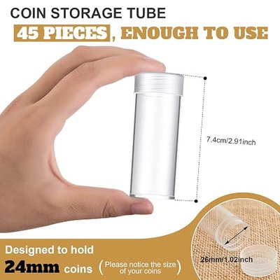 Qunclay 45 Pack Quarter Coin Tubes Coin Holders for Collector | Fit for 24.3mm Quarter, Coin Collecting Supplies, Secure Screw Lid, Durable Plastic Coin Storage Tube Bulk, Clear Coin Holder