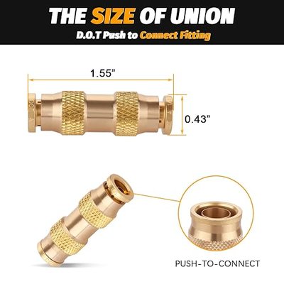 1/4" Air Brake Line Fitting, (One-quarter of an inch) DOT Brass Push in Fitting, Push to Connect Union Fittings Air Brake Union 1/4" Tube OD for Trucks Trailers andIndustrial Use (4 Pack)