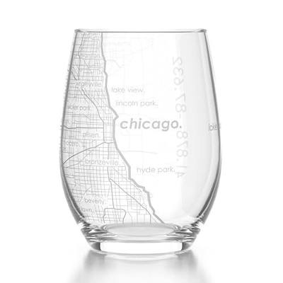 Well Told Engraved Chicago Illinois Map Stemless Wine Glass, Etched Glassware (15 oz, Clear) City Map Gift, Custom Barware, Gifts for Wine Lovers