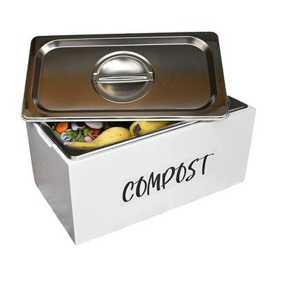 Kitchen Compost Bin- 1.6 Gal Rust Proof Stainless Steel Insert, Countertop Compost Bin with Lid and Farmhouse White Wood Box - Indoor Compost Bin Kitchen Counter