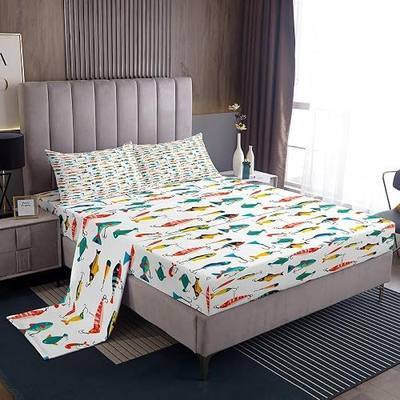 Fish Sheets Set Queen Size Cute Fish Bait Sheets with Deep Pocket Fitted Sheet for Kids Boys Girls Colorful Fishing Hooks Bed Sheet Set Nature Fishing Theme Bed Set Room Decor 4Pcs with 2 Pillow Case