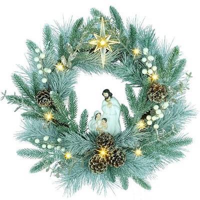 YULETIME 20" Pre-Lit Frosty Nativity Wreath, 10 Fairy Light Battery Powered | Holy Family Nativity Statue, Star of Bethlehem, Pine Cones, White Mistletoe, Frosted Spruce Branches