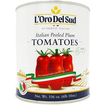 L’Oro Del Sud Whole Peeled San Marzano Style Plum Tomato with Basil, 106 oz | Tomato Puree with Basil, Whole Peeled Italian Tomatoes, Large Can for Pasta Sauce, Pizza and Cooking, Product of Italy