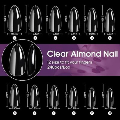 Clear Soft Gel Almond Nail Tips - 240 pcs, 12 Sizes, Full Cover, Press On, DIY Nail Salon