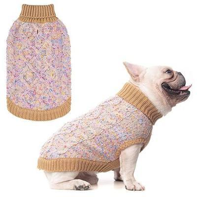 BEAUTYZOO Cable Knit Small Dog Sweater, Color Block with Fuzzy Thread Knitted Turtleneck Dog Knitwear with Dots in a Variety of Colors for Small Medium Dogs Fall Winter Dog Clothes, S Beige