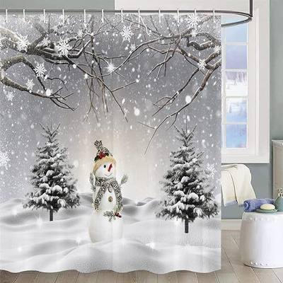 Jbralid Winter Christmas Snowman Shower Curtains Snow Scene Pine Tree Waterproof Bath Curtain for Bathroom Xmas Holiday Bathroom Shower Curtain Set with Hooks 60x72 Inch