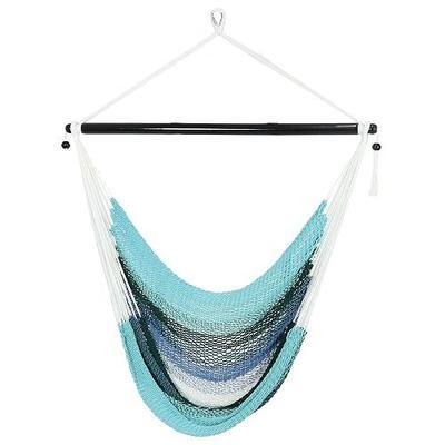 Sunnydaze Caribbean XL Hanging Outdoor Hammock Chair - Soft-Spun Polyester Rope - 300-Pound Capacity - Lagoon Stripes Blue