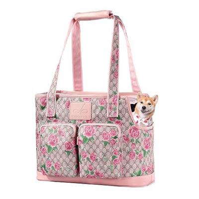 Dog Carrier Purse, Foldable Waterproof Premium PU Leather Oxford Cloth Dog Carrier Bag, Pet Travel Tote Bag with Pockets for Cat and Small Dog (Flower Pattern)