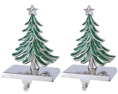 Christmas Tree Stocking Holders Set of 2- Tree Stocking Hanger for Mantel - Silver Christmas Stocking Holder for Fireplace Mantle- Heavy Duty Stocking Holder for Mantle Fireplace Decor (Tree Set)