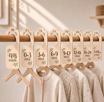 Baby Closet Dividers for Clothes Organizer - Set of 8 Beautiful Wooden Double-Sided Baby Clothes Size Hanger Organizer from Newborn to 24 Months for Boho Nursery Decor