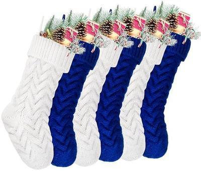 Christmas Stockings, 18 Inch White and Blue Cable Knitted Stockings for Xmas Holiday Decoration, 6 Pack