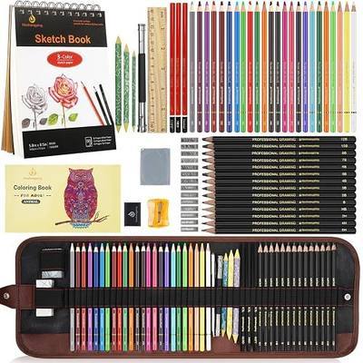 Sketch & Drawing Art Pencil Kit 52 Piece Set, 24 Color Pencil for Coloring Books, Pencil of Graphite & charcoal, 3-color Sketchbook, coloring book Etc, Art Supply Ideal for Adult Student Beginner Teen