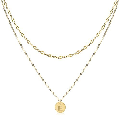 Aisansty Layered Initial Choker Necklace 14K Gold Plated Dainty Lace Chain Necklace Cute Disc Letter Pendant Gold Layering Necklaces for Women
