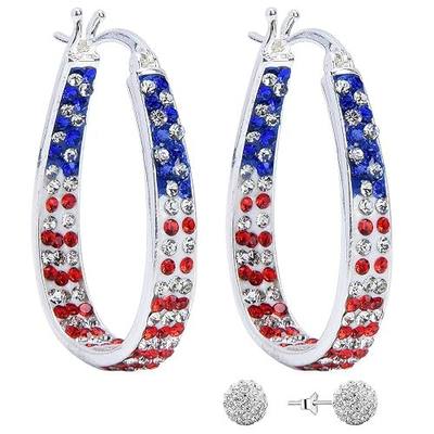 Crystal Hoop Earrings for Women Sparkly American Flag Earrings Silver Plated Red White and Blue Earrings Patriotic Jewelry Gift
