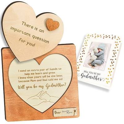 97 Decor Will You Be My Godmother Proposal Gift, Wood Sign and Card | 5.5 inch wooden puzzle sign with stand, asking card with photo space, baptism keepsake for godmother