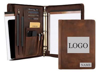 Custom Leather Portfolio, Vintage Binder Engraved, 3 Ring Binder - Handmade Personalized Padfolio for Women & Men - Dark Khaki