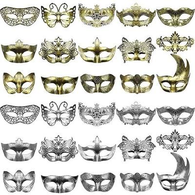 Yunsailing 30 Pieces Masquerade Mask Antique Masks with Straps for Women Men Masquerade Ball Halloween Carnival Party Favors(Gold, Silver)